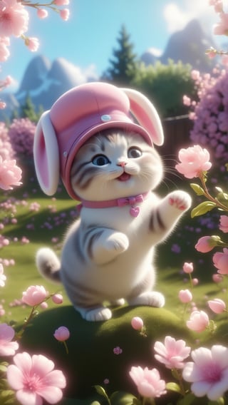 Pixar and Disney animation movie scene style, render style anime style, plum blooming, Cute chubby kitten wearing pink and white bunny hat, standing on the flowers branch, Serene, Art Hoe, Detailed Painting, adorable and lovely, fluffy and fat kitten, smile and happy, 😊 GoPro view, Blender rendering, Sharp, 