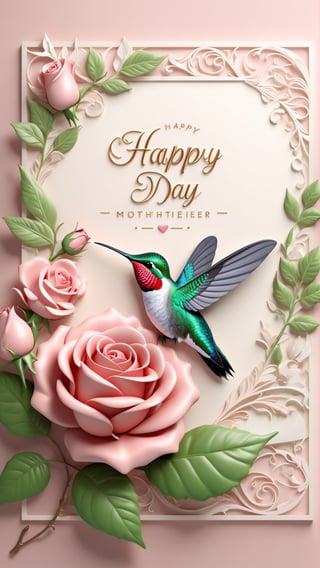 A stunning 3D render of a beautifully designed note, with elegant text that reads "Happy Mother's Day" The note features a delightful hummingbird drawing on a leaf, accompanied by a charming rose. The illustration is intricately detailed, with a sophisticated and cinematic style. The overall aesthetic of the image is both fashionable and artistic, perfect for a poster or photo.