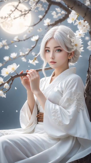 Full body, portrait photograph, art style, intricate Portrait of  beautiful Japanese girl ,siting on tree, paying flute with white flowy hair wearing a treditonal white , white dress with a silk vibrant white color, hyperdetailed face, hyperdetailed eyes, sharp focus on eyes, 8k UHD, work of beauty and inspiration, flowercore, wide angle  ,alberto seveso style ,A white  flower petals flying with the wind ,large full-moon background ,  glowing fractal art elements  hazel eyes,Anime ,photo r3al,teengirlmix,huayu