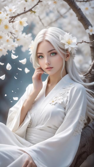 Full body, portrait photograph, art style, intricate Portrait of  beautiful Japanese girl ,siting on tree, paying flute with white flowy hair wearing a treditonal white , white dress with a silk vibrant white color, hyperdetailed face, hyperdetailed eyes, sharp focus on eyes, 8k UHD, work of beauty and inspiration, flowercore, wide angle  ,alberto seveso style ,A white  flower petals flying with the wind ,large full-moon background ,  glowing fractal art elements  hazel eyes,Anime ,photo r3al,teengirlmix,huayu