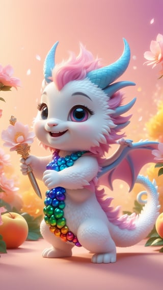 Cartoon character design, a rainbow-colored super cute chibi drago baby with a fluffy tail, wearing silver white New Year's dress, colorful bright big eyes, learning to walk, cute stance, two cute golden dragon horns on the head and two peach blossoms, enchanting, fluffy, shiny mane, petals, fairyism, pixar style, smile happily, anthropomorphic, Key Visual, Beautiful Back Lighting, Bright Pastel Colors, Soft and clean white pink background, trending on artstation, illusory engine 5 and octane render, high definition aesthetic pictures, 4k , hd 