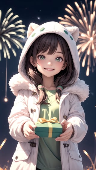 1 smiling little girl in white fluffy hooded coat with green gift box, cute girl with twinkling stars background, fireworks blooming as background