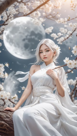 Full body, portrait photograph, art style, intricate Portrait of  beautiful Japanese girl ,siting on tree, paying flute with white flowy hair wearing a treditonal white , white dress with a silk vibrant white color, hyperdetailed face, hyperdetailed eyes, sharp focus on eyes, 8k UHD, work of beauty and inspiration, flowercore, wide angle  ,alberto seveso style ,A white  flower petals flying with the wind ,large full-moon background ,  glowing fractal art elements  hazel eyes,Anime ,photo r3al,teengirlmix,huayu