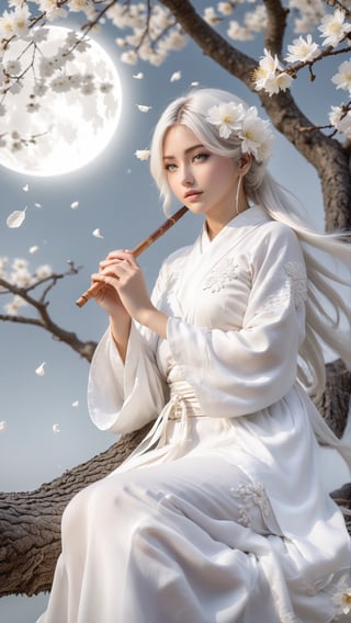 Full body, portrait photograph, art style, intricate Portrait of  beautiful Japanese girl ,siting on tree, paying flute with white flowy hair wearing a treditonal white , white dress with a silk vibrant white color, hyperdetailed face, hyperdetailed eyes, sharp focus on eyes, 8k UHD, work of beauty and inspiration, flowercore, wide angle  ,alberto seveso style ,A white  flower petals flying with the wind ,large full-moon background ,  glowing fractal art elements  hazel eyes,Anime ,photo r3al,teengirlmix,huayu