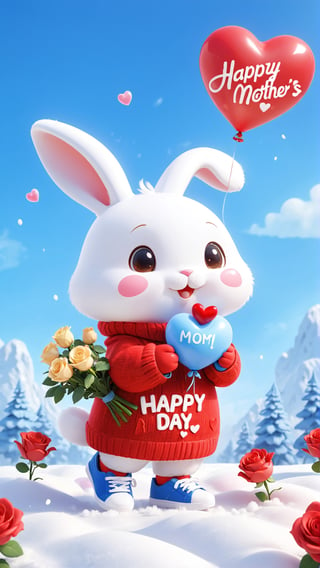 A warm and vibrant 3D rendering of a chibi cute furry white rabbit wearing a red sweater and matching blue sneakers. He held a bouquet of roses and a heart-shaped balloon with ((( "Happy Mother's Day" )))written in elegant fonts. The little hearts surrounding it add to the sweetness of the scene. The snowy background, warm colors, and cozy atmosphere create a feeling of happiness and love. Meticulous attention to detail and attention to typography make it a captivating poster or photo, perfect for brightening any space.