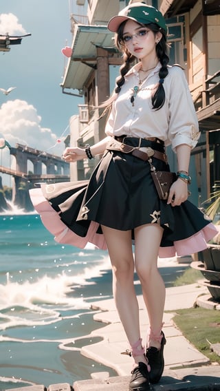 1girl, solo, long hair, looking at viewer, bangs, skirt, brown hair, black hair, hat, jewelry, braid, heart, earrings, belt, necklace, twin braids, bracelet, lips, sunglasses, child, baseball cap, female child, heart earrings, heart-shaped eyewear, pink-framed eyewear,venti (genshin impact),Nature