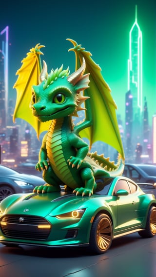 A charming 3d rendering of a cute green dragon in a chibi - style. the dragon perches on top of a car, with a backdrop of a futuristic cyberpunk city street. neon lights, towering skyscrapers, and a bustling atmosphere add vibrancy to the scene. aspect ratio