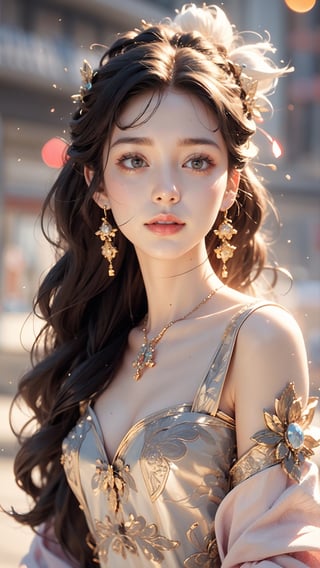 Front view , Autumn style, yellow flowers blooming, depth of field, lighting bokeh as background, snow-white delicate skin, long light brown curly hair, and a silver hairpin on her head. The eyes are a deep lavender color big and charming, wearing pink and white long dress, and long scaf, Wrap around the neck and cover the chest, full of mysterious stories. With pale pink lips, charming and cute. FilmGirl, xxmix_girl, detailed eyes, perfact eyes, mouth small,  3d style, light bokeh backgroud,3d style,isni,Movie Still,3d,3d render