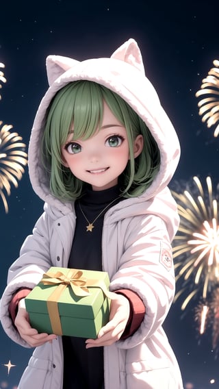 1 smiling little girl in white fluffy hooded coat with green gift box, cute girl with twinkling stars background, fireworks blooming as background