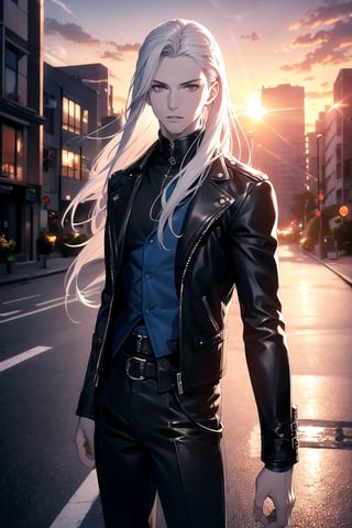 (One Person), (Ultra Realistic Image of a Handsome 25 Years Old British Male Vampire), (Long Flowing Silver Hair:1.2), (Pale Skin:1.6), (Dark Red Eyes), (Wearing Blue Leather Long Jacket and Black Long Pants:1.4), (Dynamic Pose:1.4), (City Road at Evening with Sunset:1.6), Centered, (Waist-up Shot:1.4), From Front Shot, Insane Details, Intricate Face Detail, Intricate Hand Details, Cinematic Shot and Lighting, Realistic and Vibrant Colors, Masterpiece, Sharp Focus, Ultra Detailed, Taken with DSLR camera, Realistic Photography, Depth of Field, Incredibly Realistic Environment and Scene, Master Composition and Cinematography