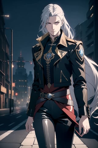 (One Person), (A Handsome 25-Years-old British Male Werewolf Swordsman), (Long Flowing Silver Hair:1.4), (Pale Skin:1.2), (Dark Red Eyes), (Wearing Blue Colored Leather Long Jacket and Black Long Pants:1.4), (City Road at Evening:1.6), (Walking Pose:1.4), Centered, (Waist-up Shot:1.4), From Front Shot, Insane Details, Intricate Face Detail, Intricate Hand Details, Cinematic Shot and Lighting, Realistic and Vibrant Colors, Masterpiece, Sharp Focus, Ultra Detailed, Taken with DSLR camera, Realistic Photography, Depth of Field, Incredibly Realistic Environment and Scene, Master Composition and Cinematography, neuvillette, castlevania style