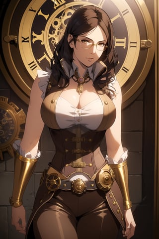 (Masterpiece, Best Quality), (A Gorgeous 25-Year-Old British Female Clock Mechanic), (Short Wavy Black Hair:1.2), (Golden Brown Eyes with Glasses), (Fair Skin), (Wearing Sleeveless Brown and Gold Steampunk-style Outfit with Glasses and Corsets, with Ornate Golden Gears and Clocks:1.4), (Steampunk Workshop:1.2), (Walking Pose:1.2), Centered, (Half Body Shot:1.4), (From Front Shot:1.4), Insane Details, Intricate Face Detail, Intricate Hand Details, Cinematic Shot and Lighting, Realistic and Vibrant Colors, Sharp Focus, Ultra Detailed, Realistic Images, Depth of Field, Incredibly Realistic Environment and Scene, Master Composition and Cinematography, castlevania style,castlevania style