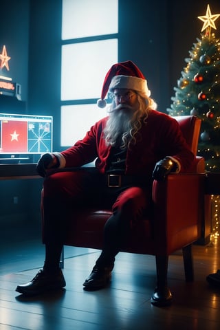 (One Person:1.6), Cyberpunk Santa Claus Sitting on a Chair in His High-tech House, (Cyberpunk Atmosphere:1.4), (A Christmast Tree and Hall Full of Holographic Monitors Behind Him), Insane Details, Intricate Face Detail, Intricate Hand Details, Cinematic Shot and Lighting, Realistic Colors, Masterpiece, Sharp Focus, Highly Detailed, Taken with DSLR Camera, Realistic Photography, Depth of Field, Incredibly Realistic Environment and Scene, Master Composition and Cinematography, Santa Claus,C7b3rp0nkStyle