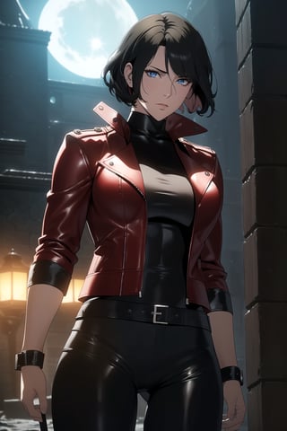 (Masterpiece, Best Quality), (A Gorgeous 25-Year-Old British Female Mercenary), (Wavy Bobcut Black Hair:1.4), (Pale Skin:1.2), (Blue Eyes), (Wearing Red Leather Jacket, Black V-Neck Inner Shirt, and Black Tight Pants:1.4), (Moonlit City Buildings at Night:1.2), (Standing Pose:1.4), Centered, (Half Body Shot:1.4), (From Front Shot:1.2), Insane Details, Intricate Face Detail, Intricate Hand Details, Cinematic Shot and Lighting, Realistic and Vibrant Colors, Sharp Focus, Ultra Detailed, Realistic Images, Depth of Field, Incredibly Realistic Environment and Scene, Master Composition and Cinematography, castlevania style,castlevania style