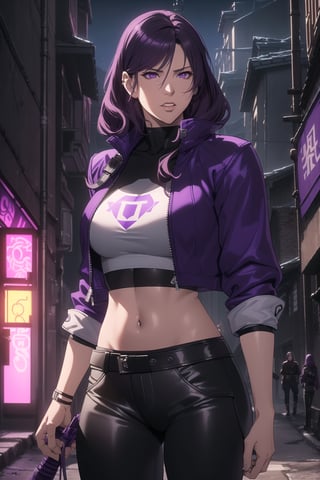 (Masterpiece, Best Quality), (A Rebel 25-Year-Old Japanese Female Resistance Leader), (Short Wavy Violet Hair:1.4), (Dark Purple Eyes:1.2), (Fair Skin:1.2), (Wearing Violet Resistance Member Jacket, Black Crop Top and Black Tight Pants:1.4), (Dystopian Rural City Alleyway at Night:1.4), (Dynamic Pose:1.2), Centered, (Half Body Shot:1.4), (From Front Shot:1.4), Insane Details, Intricate Face Detail, Intricate Hand Details, Cinematic Shot and Lighting, Realistic and Vibrant Colors, Sharp Focus, Ultra Detailed, Realistic Images, Depth of Field, Incredibly Realistic Environment and Scene, Master Composition and Cinematography,castlevania style