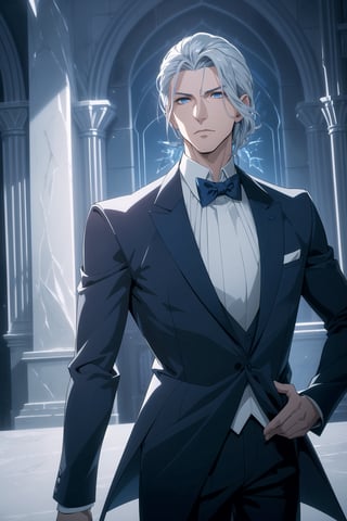 (Masterpiece, Best Quality), (A Strong 30-Year-Old Male Vampire Warrior), (Icy Blue Tousled Hair:1.4), (Sharp Silver Eyes), (Fair Skin), (Wearing Navy Blue Formal Attire with Silvery Accent:1.4), (Castle Hall at Night:1.4), (Hands on Hips Pose:1.4), Centered, (Half Body Shot:1.6), (From Front Shot:1.4), Insane Details, Intricate Face Detail, Intricate Hand Details, Cinematic Shot and Lighting, Realistic and Vibrant Colors, Sharp Focus, Ultra Detailed, Realistic Images, Depth of Field, Incredibly Realistic Environment and Scene, Master Composition and Cinematography,castlevania style