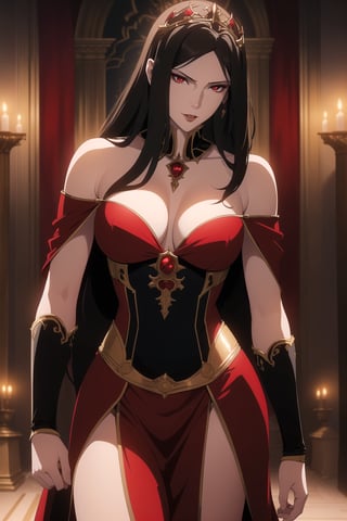 (Masterpiece, Best Quality),  (A Regal 30-Year-Old Looking Female Vampire Queen), (Flowing Ebony Hair:1.2), (Bright Red Eyes), (Pallid and Alluring Skin), (Wearing Queenly Red Vampire Gown:1.2), (Dark Castle Altar:1.2), (Walking Pose:1.4), Centered, (Half Body Shot:1.4), (From Front Shot:1.4), Insane Details, Intricate Face Detail, Intricate Hand Details, Cinematic Shot and Lighting, Realistic and Vibrant Colors, Sharp Focus, Ultra Detailed, Realistic Images, Depth of Field, Incredibly Realistic Environment and Scene, Master Composition and Cinematography,castlevania style