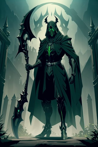 (Masterpiece, Best Quality), (Grim Reaper in Warframe Style Armor), (Masculine Appearance:1.4), (Muscular Frame Build:1.2), (Glowing Green Eyes), (Wearing Black and Green Grim Reaper-Themed Armor, Skull-Shaped Mask, and Black Flowing Cloak:1.4), (Wielding a Black Scythe:1.4), (Foggy Cemetery at Night:1.2), (Action Pose:1.4), Centered, (Full Body Shot:1.2), (From Front Shot:1.2), Insane Details, Intricate Face Detail, Intricate Hand Details, Cinematic Shot and Lighting, Realistic and Vibrant Colors, Sharp Focus, Ultra Detailed, Realistic Images, Depth of Field, Incredibly Realistic Environment and Scene, Master Composition and Cinematography, castlevania style,castlevania style,WARFRAME