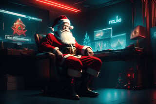 (One Person:1.6), Cyberpunk Santa Claus Sitting on a Chair in His High-tech House, (Cyberpunk Atmosphere:1.4), (A Christmast Tree and Hall Full of Holographic Monitors Behind Him), (Full Body Shot:1.6), View From Front, Insane Details, Intricate Face Detail, Intricate Hand Details, Cinematic Shot and Lighting, Realistic Colors, Masterpiece, Sharp Focus, Highly Detailed, Taken with DSLR Camera, Realistic Photography, Depth of Field, Incredibly Realistic Environment and Scene, Master Composition and Cinematography, Santa Claus,C7b3rp0nkStyle