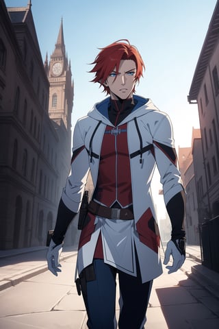 (Masterpiece, Best Quality), (A Handsome 25-Year-Old British Male Werewolf Hunter), (Spiky Short Red Hair:1.2), (Pale Skin), (Blue Eyes), (Wearing White and Blue Tactical Assassin Outfit with Hood:1.4), (Modern City Road at Noon:1.2), (Walking Pose:1.4), Centered, (Half Body Shot:1.4), (From Front Shot:1.4), Insane Details, Intricate Face Detail, Intricate Hand Details, Cinematic Shot and Lighting, Realistic and Vibrant Colors, Sharp Focus, Ultra Detailed, Realistic Images, Depth of Field, Incredibly Realistic Environment and Scene, Master Composition and Cinematography,castlevania style