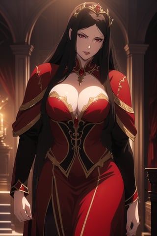 (Masterpiece, Best Quality),  (A Regal 30-Year-Old Looking Female Vampire Queen), (Flowing Ebony Hair:1.2), (Bright Red Eyes), (Pallid and Alluring Skin), (Wearing Queenly Red Vampire Gown:1.2), (Dark Castle Altar:1.2), (Walking Pose:1.4), Centered, (Half Body Shot:1.4), (From Front Shot:1.4), Insane Details, Intricate Face Detail, Intricate Hand Details, Cinematic Shot and Lighting, Realistic and Vibrant Colors, Sharp Focus, Ultra Detailed, Realistic Images, Depth of Field, Incredibly Realistic Environment and Scene, Master Composition and Cinematography,castlevania style