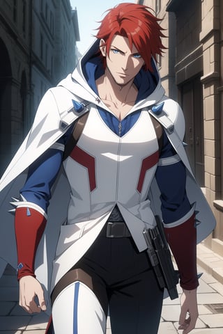 (Masterpiece, Best Quality),  (A Handsome 25-Year-Old British Male Werewolf Hunter), (Spiky Short Red Hair:1.2), (Pale Skin), (Blue Eyes), (Wearing White and Blue Tactical Assassin Outfit with Hood:1.4), (Modern City Road at Noon:1.2), (Walking Pose:1.4), Centered, (Half Body Shot:1.4), (From Front Shot:1.4), Insane Details, Intricate Face Detail, Intricate Hand Details, Cinematic Shot and Lighting, Realistic and Vibrant Colors, Sharp Focus, Ultra Detailed, Realistic Images, Depth of Field, Incredibly Realistic Environment and Scene, Master Composition and Cinematography,castlevania style