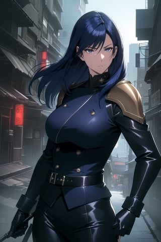 (Masterpiece, Best Quality), (A Stern 25-Year-Old Japanese Female Secret Agent), (Shoulder-length Navy Blue Hair:1.4), (Pale Skin), (Dark Brown Eyes), (Wearing Black and Blue Sleek Tactical Outfit:1.4), (Modern City Road at Night:1.4), (Dynamic Pose:1.2), Centered, (Half Body Shot:1.4), (From Front Shot:1.4), Insane Details, Intricate Face Detail, Intricate Hand Details, Cinematic Shot and Lighting, Realistic and Vibrant Colors, Sharp Focus, Ultra Detailed, Realistic Images, Depth of Field, Incredibly Realistic Environment and Scene, Master Composition and Cinematography, castlevania style,castlevania style