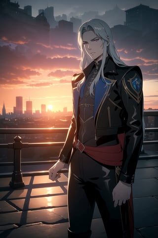 (One Person), (A Handsome 25-Years-old British Male Werewolf Swordsman), (Long Flowing Silver Hair:1.4), (Pale Skin:1.2), (Dark Red Eyes), (Wearing Blue Leather Long Jacket and Black Long Pants:1.4), (City Road at Evening with Sunset:1.6), (Dynamic Pose:1.4), Centered, (Waist-up Shot:1.4), From Front Shot, Insane Details, Intricate Face Detail, Intricate Hand Details, Cinematic Shot and Lighting, Realistic and Vibrant Colors, Masterpiece, Sharp Focus, Ultra Detailed, Taken with DSLR camera, Realistic Photography, Depth of Field, Incredibly Realistic Environment and Scene, Master Composition and Cinematography, neuvillette, castlevania style