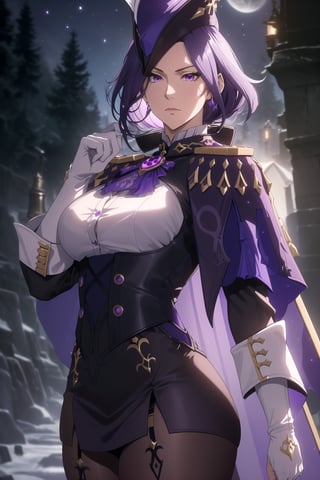 (Masterpiece, Best Quality), (Clorinde from Genshin Impact), (Long Purple Hair with Purple Musketeer Hat:1.4), (Purple Eyes:1.2), (Serious Looking:1.4), (Fair Skin), (Wearing White Shirt in Black Corset, White Gloves, and Violet Short Cape:1.6), (Moonlit Pine Forest at Night:1.4), (Dynamic Pose:1.2), Centered, (Half Body Shot:1.4), (From Front Shot:1.4), Insane Details, Intricate Face Detail, Intricate Hand Details, Cinematic Shot and Lighting, Realistic and Vibrant Colors, Sharp Focus, Ultra Detailed, Realistic Images, Depth of Field, Incredibly Realistic Environment and Scene, Master Composition and Cinematography, castlevania style,castlevania style,clorinde (genshin impact)