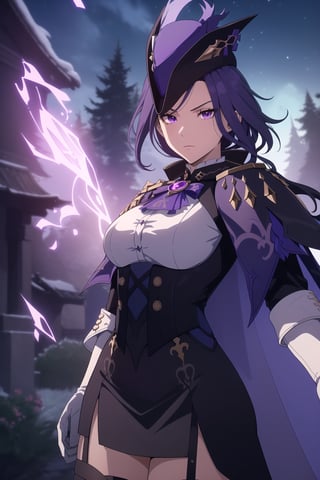 (Masterpiece, Best Quality), (Clorinde from Genshin Impact), (Long Purple Hair with Purple Musketeer Hat:1.4), (Purple Eyes:1.2), (Serious Looking:1.4), (Fair Skin), (Wearing White Shirt in Black Corset, White Gloves, Black Skirt, and Violet Short Cape:1.6), (Moonlit Pine Forest at Night:1.4), (Dynamic Pose:1.2), Centered, (Half Body Shot:1.4), (From Front Shot:1.4), Insane Details, Intricate Face Detail, Intricate Hand Details, Cinematic Shot and Lighting, Realistic and Vibrant Colors, Sharp Focus, Ultra Detailed, Realistic Images, Depth of Field, Incredibly Realistic Environment and Scene, Master Composition and Cinematography, castlevania style,castlevania style,clorinde (genshin impact)