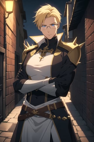 (Masterpiece, Best Quality),  (A Youthful 23-Year-Old European Male Demon Slayer), (Spiky Short Blonde Hair), (Piercing Blue Eyes with Glasses), (Fair Skin), (Clad in White Tactical Modern Demon Hunter Attire), (Urban Alley at Night:1.4), (Crossed Arms Pose:1.4), Centered, (Half Body Shot:1.4), (From Front Shot:1.4), Insane Details, Intricate Face Detail, Intricate Hand Details, Cinematic Shot and Lighting, Realistic and Vibrant Colors, Sharp Focus, Ultra Detailed, Realistic Images, Depth of Field, Incredibly Realistic Environment and Scene, Master Composition and Cinematography,castlevania style