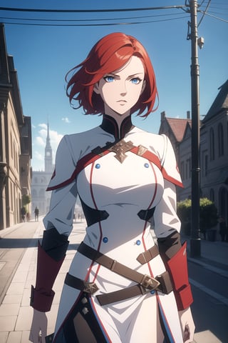 (Masterpiece, Best Quality),  (A Gorgeous 20-Year-Old British Female Vampire Slayer), (Wavy Bobcut Red Hair:1.2), (Pale Skin), (Blue Eyes), (Wearing White and Blue Tactical Assassin Outfit:1.2), (Modern City Road at Noon:1.4), (Walking Pose:1.2), Centered, (Half Body Shot:1.4), (From Front Shot:1.4), Insane Details, Intricate Face Detail, Intricate Hand Details, Cinematic Shot and Lighting, Realistic and Vibrant Colors, Sharp Focus, Ultra Detailed, Realistic Images, Depth of Field, Incredibly Realistic Environment and Scene, Master Composition and Cinematography,castlevania style