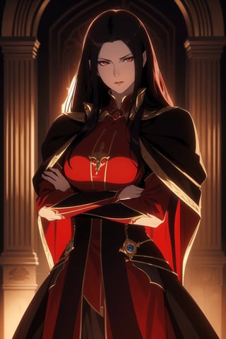 (Masterpiece, Best Quality),  (A Regal 30-Year-Old Looking Female Vampire Queen), (Flowing Ebony Hair:1.2), (Bright Red Eyes), (Pallid and Alluring Skin), (Wearing Queenly Red Vampire Gown:1.2), (Dark Castle Altar:1.2), (Crossed Arms Pose:1.4), Centered, (Half Body Shot:1.4), (From Front Shot:1.4), Insane Details, Intricate Face Detail, Intricate Hand Details, Cinematic Shot and Lighting, Realistic and Vibrant Colors, Sharp Focus, Ultra Detailed, Realistic Images, Depth of Field, Incredibly Realistic Environment and Scene, Master Composition and Cinematography,castlevania style