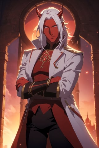 (Masterpiece, Best Quality), (A Handsome 25-Year-Old Male Tiefling Warrior), (Long Unkempt White Hair:1.4), (Bright Red Skin:1.4), (Red Horns), (Crimson Eyes), (Wearing White Long Coat and Black Long Pants:1.6), (Medieval City Road at Evening with Sunset:1.4), (Crossed Arms Pose:1.4), Centered, (Half Body Shot:1.6), (From Front Shot:1.4), Insane Details, Intricate Face Detail, Intricate Hand Details, Cinematic Shot and Lighting, Realistic and Vibrant Colors, Sharp Focus, Ultra Detailed, Realistic Images, Depth of Field, Incredibly Realistic Environment and Scene, Master Composition and Cinematography,castlevania style,tiefling