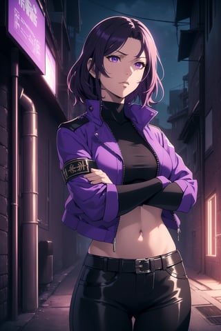 (Masterpiece, Best Quality), (A Rebel 25-Year-Old Japanese Female Resistance Leader), (Short Wavy Violet Hair:1.4), (Dark Purple Eyes:1.2), (Fair Skin:1.2), (Wearing Violet Resistance Member Jacket, Black Crop Top and Black Tight Pants:1.4), (Dystopian Rural City Alleyway at Night:1.4), (Crossed Arms Pose:1.4), Centered, (Half Body Shot:1.4), (From Front Shot:1.4), Insane Details, Intricate Face Detail, Intricate Hand Details, Cinematic Shot and Lighting, Realistic and Vibrant Colors, Sharp Focus, Ultra Detailed, Realistic Images, Depth of Field, Incredibly Realistic Environment and Scene, Master Composition and Cinematography,castlevania style