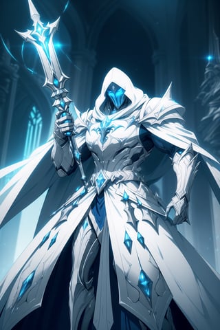 (Masterpiece, Best Quality), (Battle Priest in Warframe Style Armor), (Masculine Appearance:1.4), (Muscular Frame Build:1.2), (Glowing Blue Eyes), (Wearing White and Blue Templar-Themed Armored Robe, White Hood, and White Flowing Cloak:1.4), (Wielding a Silver Mace:1.4) (Cathedral Hall at Night:1.4), (Action Pose:1.4), Centered, (Half Body Shot:1.4), (From Front Shot:1.2), Insane Details, Intricate Face Detail, Intricate Hand Details, Cinematic Shot and Lighting, Realistic and Vibrant Colors, Sharp Focus, Ultra Detailed, Realistic Images, Depth of Field, Incredibly Realistic Environment and Scene, Master Composition and Cinematography, castlevania style,castlevania style,WARFRAME