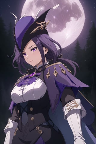 (Masterpiece, Best Quality), (Clorinde from Genshin Impact), (Long Purple Hair with Purple Musketeer Hat:1.4), (Purple Eyes:1.2), (Serious Looking:1.4), (Fair Skin), (Wearing White Shirt in Black Corset, White Gloves, Black Skirt, and Violet Short Cape:1.6), (Moonlit Pine Forest at Night:1.4), (Standing Pose:1.2), Centered, (Half Body Shot:1.4), (From Front Shot:1.4), Insane Details, Intricate Face Detail, Intricate Hand Details, Cinematic Shot and Lighting, Realistic and Vibrant Colors, Sharp Focus, Ultra Detailed, Realistic Images, Depth of Field, Incredibly Realistic Environment and Scene, Master Composition and Cinematography, castlevania style,castlevania style,clorinde (genshin impact)