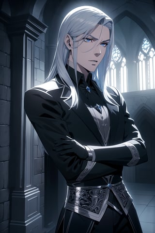 (Masterpiece, Best Quality), (A Muscular 30-Year-Old Slavic Male Vampire Warrior), (Tousled Icy Blue Hair:1.2), (Pale Skin), (Sharp Blue Eyes), (Wearing Black Formal Attire with Silver Accent:1.4), (Castle Hall at Night:1.4), (Dynamic Pose:1.2), Centered, (Half Body Shot:1.4), (From Front Shot:1.4), Insane Details, Intricate Face Detail, Intricate Hand Details, Cinematic Shot and Lighting, Realistic and Vibrant Colors, Sharp Focus, Ultra Detailed, Realistic Images, Depth of Field, Incredibly Realistic Environment and Scene, Master Composition and Cinematography,castlevania style