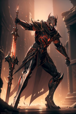 (Masterpiece, Best Quality), (Spartan Warrior in Warframe Style Armor), (Masculine Appearance:1.4), (Muscular Frame Build:1.2), (Glowing Golden Eyes), (Wearing Red and Black Spartan-Themed Armor and Black Flowing Cloak:1.4), (Wielding a Flaming Sword and Shield:1.4), (Colloseum Arena at Noon:1.2), (Action Pose:1.4), Centered, (Half Body Shot:1.4), (From Front Shot:1.2), Insane Details, Intricate Face Detail, Intricate Hand Details, Cinematic Shot and Lighting, Realistic and Vibrant Colors, Sharp Focus, Ultra Detailed, Realistic Images, Depth of Field, Incredibly Realistic Environment and Scene, Master Composition and Cinematography, castlevania style,castlevania style,WARFRAME