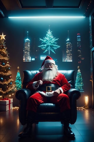 (One Person:1.6), Cyberpunk Santa Claus Sitting on a Chair in His High-tech House, (Cyberpunk Atmosphere:1.4), (A Christmast Tree and Hall Full of Holographic Monitors Behind Him), Insane Details, Intricate Face Detail, Intricate Hand Details, Cinematic Shot and Lighting, Realistic Colors, Masterpiece, Sharp Focus, Highly Detailed, Taken with DSLR Camera, Realistic Photography, Depth of Field, Incredibly Realistic Environment and Scene, Master Composition and Cinematography, Santa Claus,C7b3rp0nkStyle