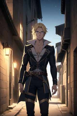(Masterpiece, Best Quality), (A Youthful 23-Year-Old European Male Demon Slayer), (Messy Blonde Hair), (Piercing Blue Eyes with Glasses), (Fair Skin), (Clad in White Tactical Modern Demon Hunter Attire), (Urban Alley at Night:1.4), (Dynamic Pose:1.2), Centered, (Half Body Shot:1.4), (From Front Shot:1.4), Insane Details, Intricate Face Detail, Intricate Hand Details, Cinematic Shot and Lighting, Realistic and Vibrant Colors, Sharp Focus, Ultra Detailed, Realistic Images, Depth of Field, Incredibly Realistic Environment and Scene, Master Composition and Cinematography,castlevania style