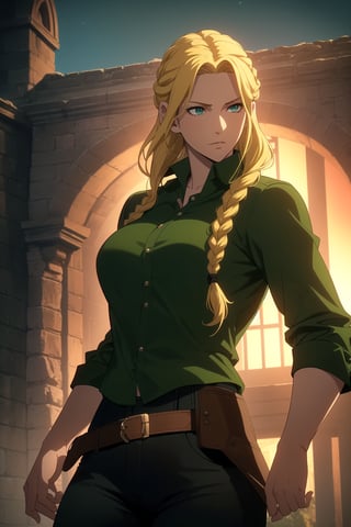 (Masterpiece, Best Quality), (A Resilient 25-Year-Old British Female Hunter), (Blonde Hair in a Singular Braid:1.4), (Observant Green Eyes), (Fair Skin), (Wearing Loose-buttoned Dark Green Shirt and Black Tight Pants:1.4), (Outback Wilderness at Night:1.2), (Standing Pose:1.4), Centered, (Half Body Shot:1.4), (From Front Shot:1.2), Insane Details, Intricate Face Detail, Intricate Hand Details, Cinematic Shot and Lighting, Realistic and Vibrant Colors, Sharp Focus, Ultra Detailed, Realistic Images, Depth of Field, Incredibly Realistic Environment and Scene, Master Composition and Cinematography, castlevania style,castlevania style