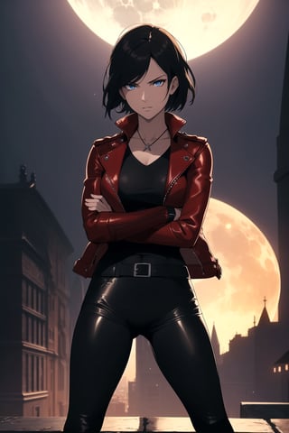(Masterpiece, Best Quality),  (A Gorgeous 25-Year-Old British Female Mercenary), (Wavy Bobcut Black Hair), (Pale Skin), (Blue Eyes), (Wearing Red Leather Jacket, Black V-Neck Undershirt, and Black Tight Pants:1.4), (Moonlit City Road:1.2), (Crossed Arms Pose:1.4), Centered, (Half Body Shot:1.4), (From Front Shot:1.4), Insane Details, Intricate Face Detail, Intricate Hand Details, Cinematic Shot and Lighting, Realistic and Vibrant Colors, Sharp Focus, Ultra Detailed, Realistic Images, Depth of Field, Incredibly Realistic Environment and Scene, Master Composition and Cinematography,castlevania style