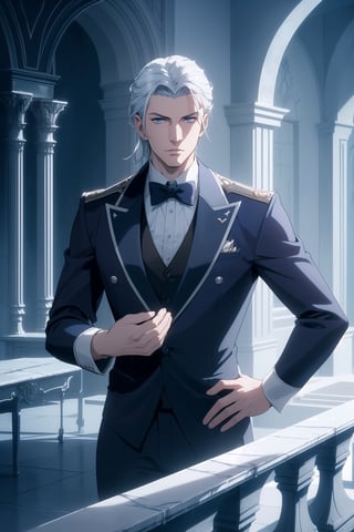 (Masterpiece, Best Quality), (A Strong 30-Year-Old Male Vampire Warrior), (Icy Blue Tousled Hair:1.4), (Sharp Silver Eyes), (Fair Skin), (Wearing Navy Blue Formal Attire with Silvery Accent:1.4), (Castle Hall at Night:1.4), (One Hand on Hips Pose:1.4), Centered, (Half Body Shot:1.6), (From Front Shot:1.4), Insane Details, Intricate Face Detail, Intricate Hand Details, Cinematic Shot and Lighting, Realistic and Vibrant Colors, Sharp Focus, Ultra Detailed, Realistic Images, Depth of Field, Incredibly Realistic Environment and Scene, Master Composition and Cinematography,castlevania style