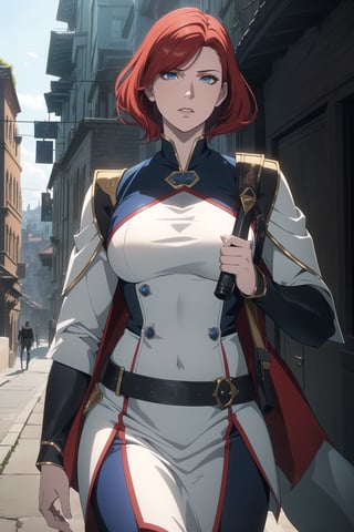 (Masterpiece, Best Quality),  (A Gorgeous 20-Year-Old British Female Vampire Slayer), (Wavy Bobcut Red Hair:1.2), (Pale Skin), (Blue Eyes), (Wearing White and Blue Tactical Assassin Outfit:1.2), (Modern City Road at Noon:1.4), (Walking Pose:1.4), Centered, (Half Body Shot:1.4), (From Front Shot:1.4), Insane Details, Intricate Face Detail, Intricate Hand Details, Cinematic Shot and Lighting, Realistic and Vibrant Colors, Sharp Focus, Ultra Detailed, Realistic Images, Depth of Field, Incredibly Realistic Environment and Scene, Master Composition and Cinematography,castlevania style