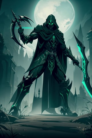 (Masterpiece, Best Quality), (Grim Reaper in Warframe Style Armor), (Masculine Appearance:1.4), (Muscular Frame Build:1.2), (Glowing Green Eyes), (Wearing Black and Green Grim Reaper-Themed Armor and Black Flowing Cloak:1.4), (Wielding a Black Scythe:1.4), (Foggy Cemetery at Night:1.2), (Action Pose:1.4), Centered, (Full Body Shot:1.2), (From Front Shot:1.2), Insane Details, Intricate Face Detail, Intricate Hand Details, Cinematic Shot and Lighting, Realistic and Vibrant Colors, Sharp Focus, Ultra Detailed, Realistic Images, Depth of Field, Incredibly Realistic Environment and Scene, Master Composition and Cinematography, castlevania style,castlevania style,WARFRAME