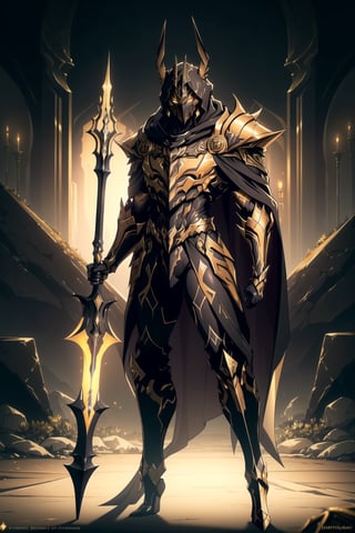 (Masterpiece, Best Quality), (Anubis Warrior in Warframe Style Armor), (Masculine Appearance:1.4), (Muscular Frame Build:1.2), (Glowing Golden Eyes), (Wearing Black and Gold Anubis-Themed Armor and Black Flowing Cloak:1.4), (Wielding a Golden Spear:1.4), (Desert Hidden Catacombs:1.2), (Action Pose:1.4), Centered, (Full Body Shot:1.2), (From Front Shot:1.2), Insane Details, Intricate Face Detail, Intricate Hand Details, Cinematic Shot and Lighting, Realistic and Vibrant Colors, Sharp Focus, Ultra Detailed, Realistic Images, Depth of Field, Incredibly Realistic Environment and Scene, Master Composition and Cinematography, castlevania style,castlevania style,WARFRAME