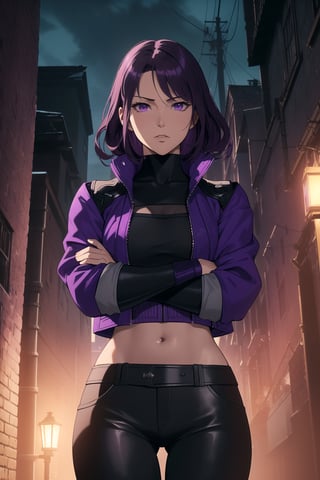 (Masterpiece, Best Quality), (A Rebel 25-Year-Old Japanese Female Resistance Leader), (Short Wavy Violet Hair:1.4), (Dark Purple Eyes:1.2), (Fair Skin:1.2), (Wearing Violet Resistance Member Jacket, Black Crop Top and Black Tight Pants:1.4), (Dystopian Rural City Alleyway at Night:1.4), (Crossed Arms Pose:1.4), Centered, (Half Body Shot:1.4), (From Front Shot:1.4), Insane Details, Intricate Face Detail, Intricate Hand Details, Cinematic Shot and Lighting, Realistic and Vibrant Colors, Sharp Focus, Ultra Detailed, Realistic Images, Depth of Field, Incredibly Realistic Environment and Scene, Master Composition and Cinematography,castlevania style