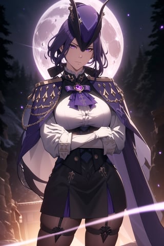 (Masterpiece, Best Quality), (Clorinde from Genshin Impact), (Long Purple Hair with Purple Musketeer Hat:1.4), (Purple Eyes:1.2), (Serious Looking:1.4), (Fair Skin), (Wearing White Shirt in Black Corset, White Gloves, Black Skirt, and Violet Short Cape:1.6), (Moonlit Pine Forest at Night:1.4), (Crossed Arms Pose:1.4), Centered, (Half Body Shot:1.4), (From Front Shot:1.4), Insane Details, Intricate Face Detail, Intricate Hand Details, Cinematic Shot and Lighting, Realistic and Vibrant Colors, Sharp Focus, Ultra Detailed, Realistic Images, Depth of Field, Incredibly Realistic Environment and Scene, Master Composition and Cinematography, castlevania style,castlevania style,clorinde (genshin impact)