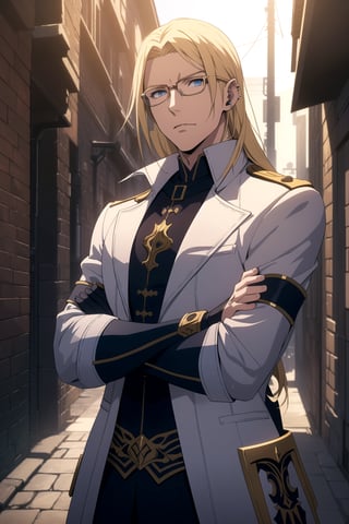 (Masterpiece, Best Quality),  (A Youthful 23-Year-Old European Male Demon Slayer), (Messy Blonde Hair), (Piercing Blue Eyes with Glasses), (Fair Skin), (Clad in White Tactical Modern Demon Hunter Attire), (Urban Alley at Night:1.4), (Crossed Arms Pose:1.4), Centered, (Half Body Shot:1.4), (From Front Shot:1.4), Insane Details, Intricate Face Detail, Intricate Hand Details, Cinematic Shot and Lighting, Realistic and Vibrant Colors, Sharp Focus, Ultra Detailed, Realistic Images, Depth of Field, Incredibly Realistic Environment and Scene, Master Composition and Cinematography,castlevania style